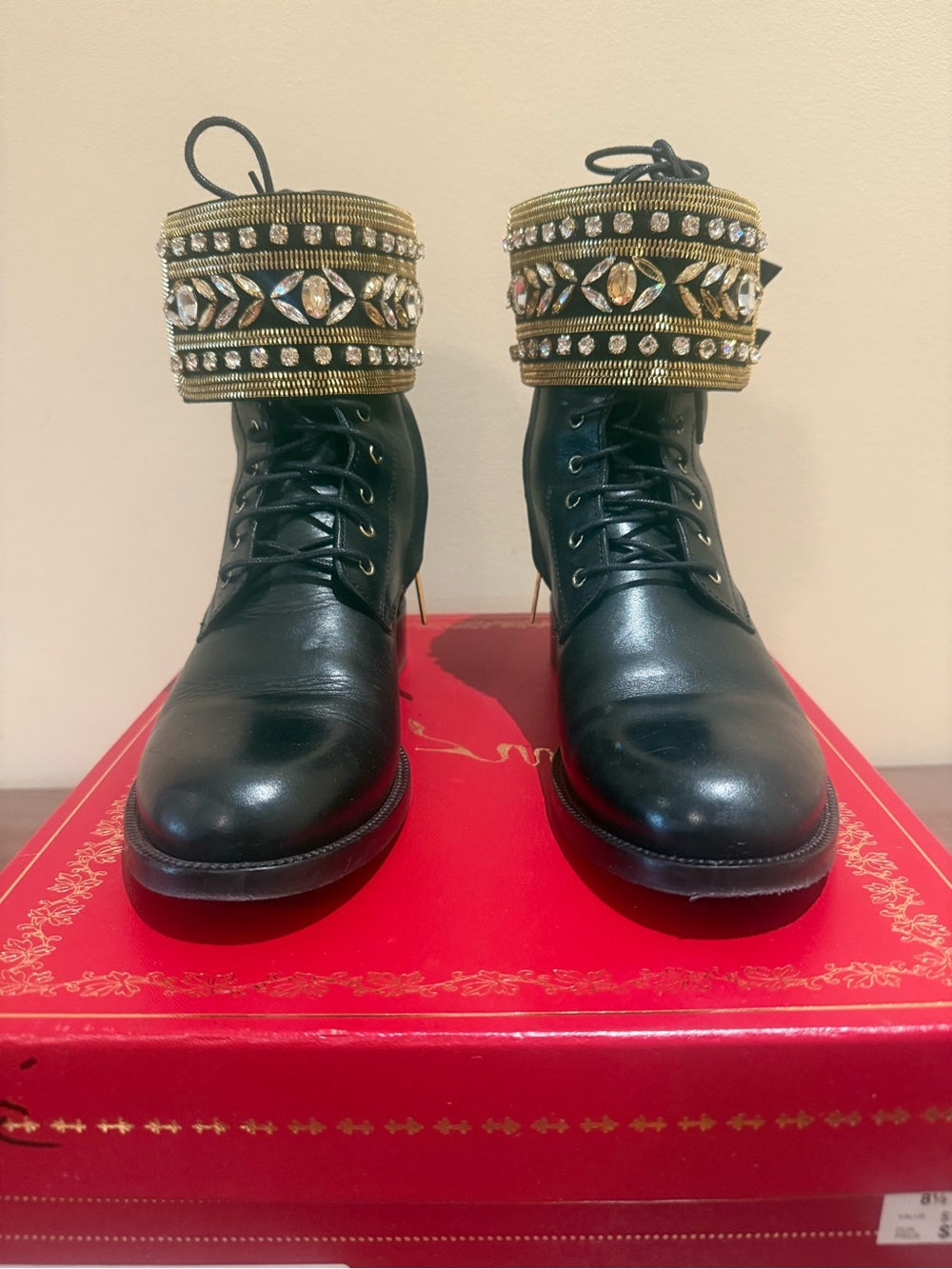 Rene Caovilla Black Leather Combat Boots with Gold Jeweled Cuffs